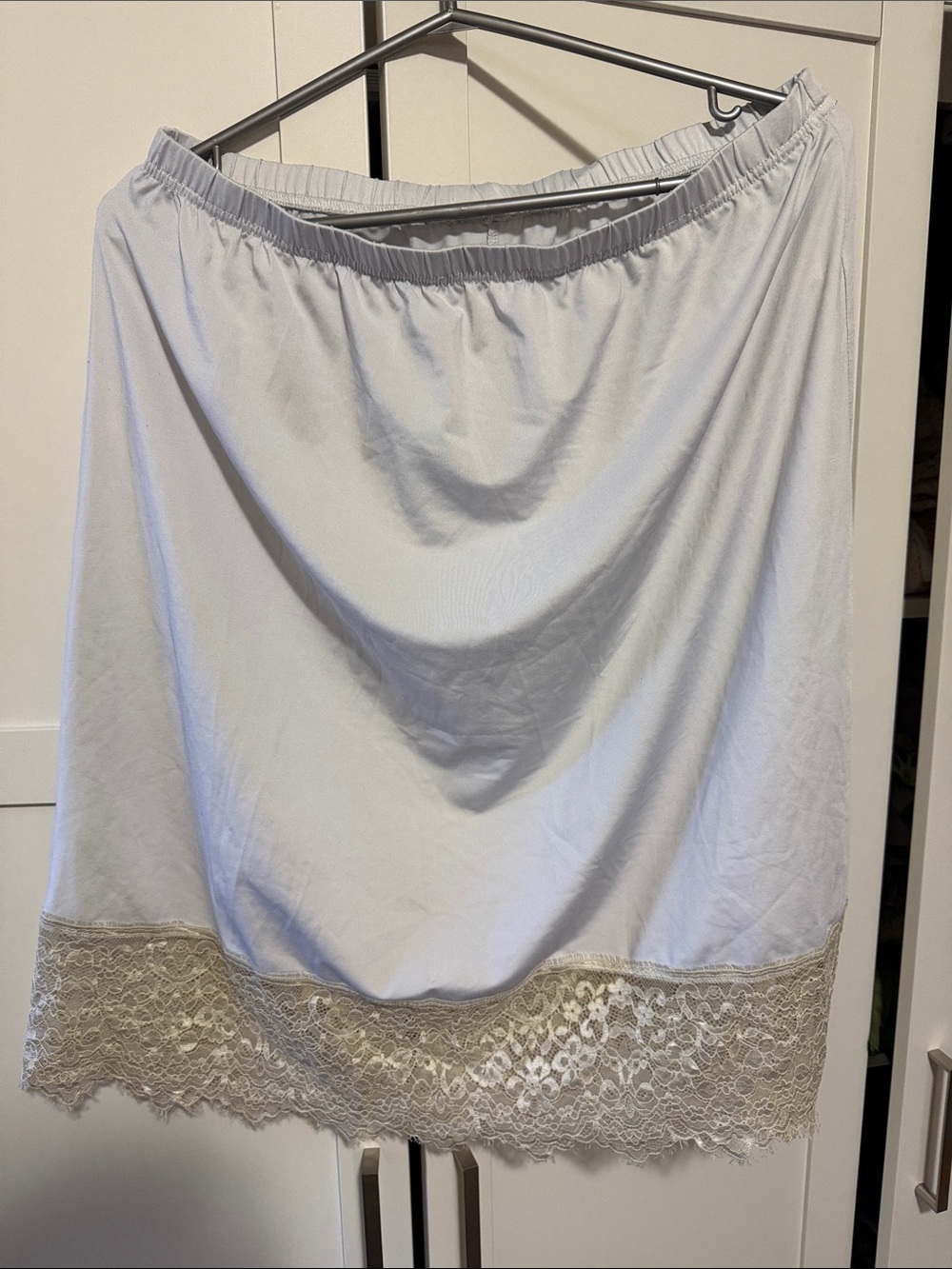 White Midi Slip Skirt with Cream Lace Hem
